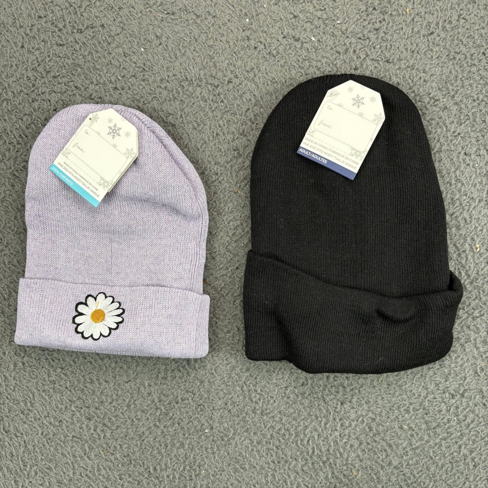 Greenbrier International Beanie Hat Set Black Adult Purple Daisy Kids NWT